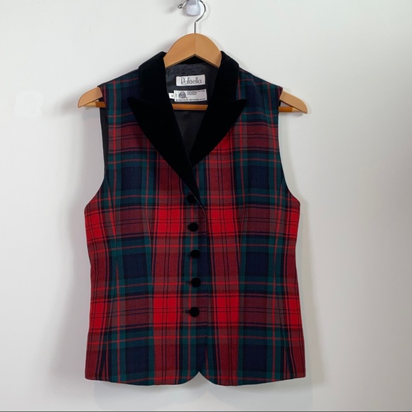 Vintage Red Tartan Plaid Vest with Velvet Lapel Size 8 - Picture 4 of 9